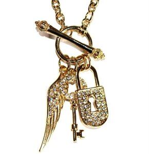 Lock Key Angel Wing Charm Gold Pave Crystal Ring & Toggle Necklace